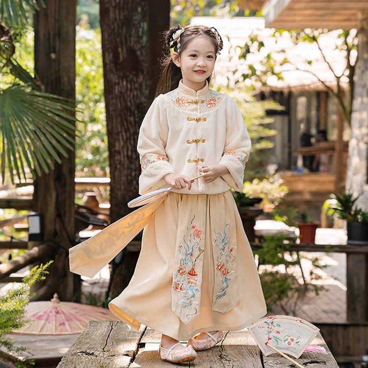 《鱼意》汉服女童冬款小女孩中国风加绒两件套套装宝宝古风唐装