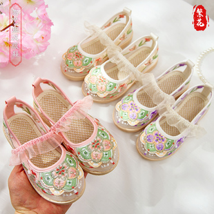 女童汉服夏季宫廷格格服绣花鞋中国风儿童古装凉鞋复古刺绣网纱鞋