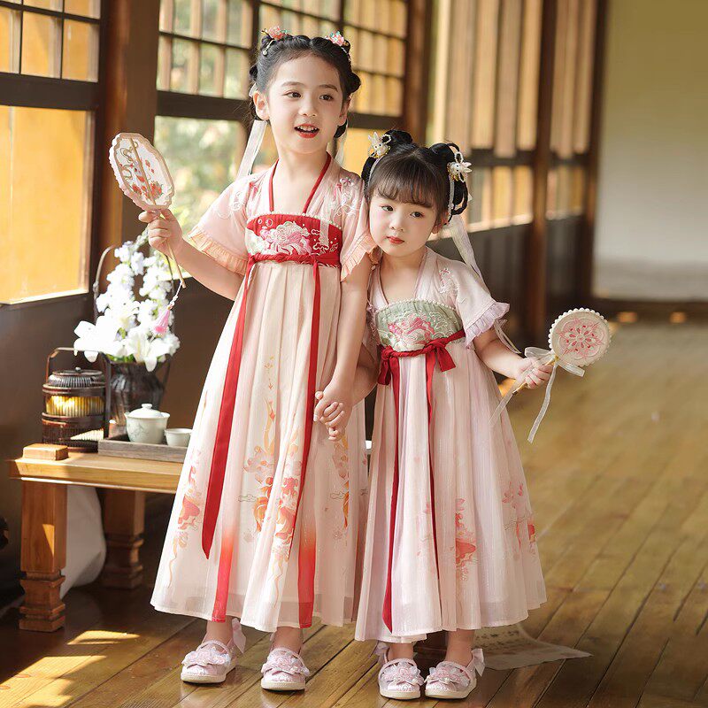 汉服女童夏季超仙飘逸连衣裙小女孩短袖古风裙子女宝宝中国风古装