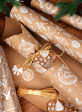 亚马逊专供大尺寸复古圣诞牛皮纸包装纸圣诞礼物包装43*300cm卷装