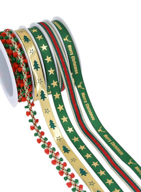 亚马逊新品满版烫金圣诞节绿色套装丝带 印花圣诞礼物包装缎带