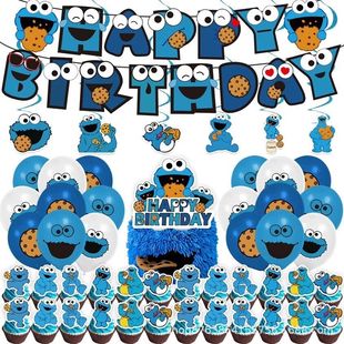 蓝色甜饼怪兽主题生日派对场景装饰拉旗插旗气球Cookie Monster