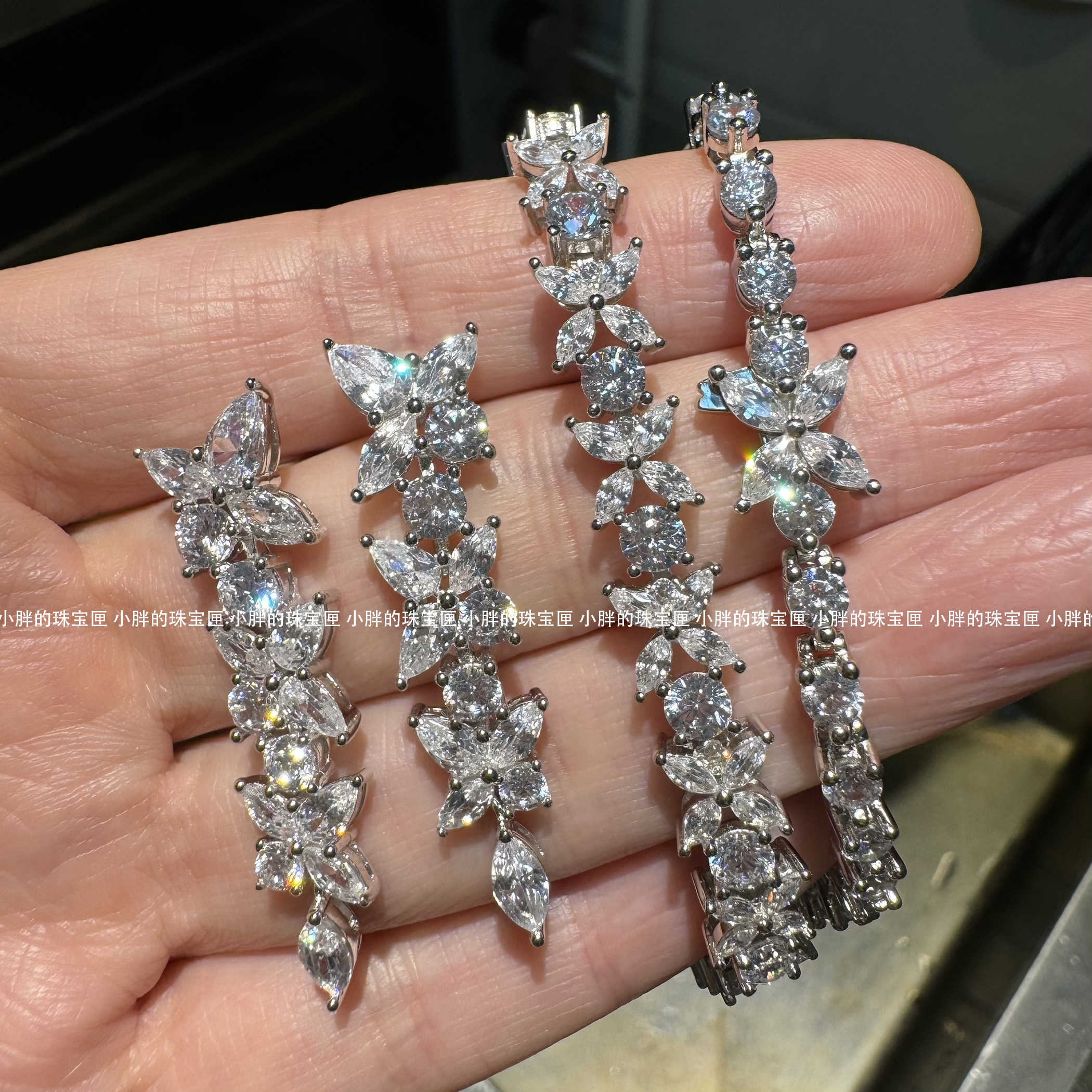 维多利亚椭圆切割马眼繁花满钻手链耳钉单排手镯925纯银镀18K金