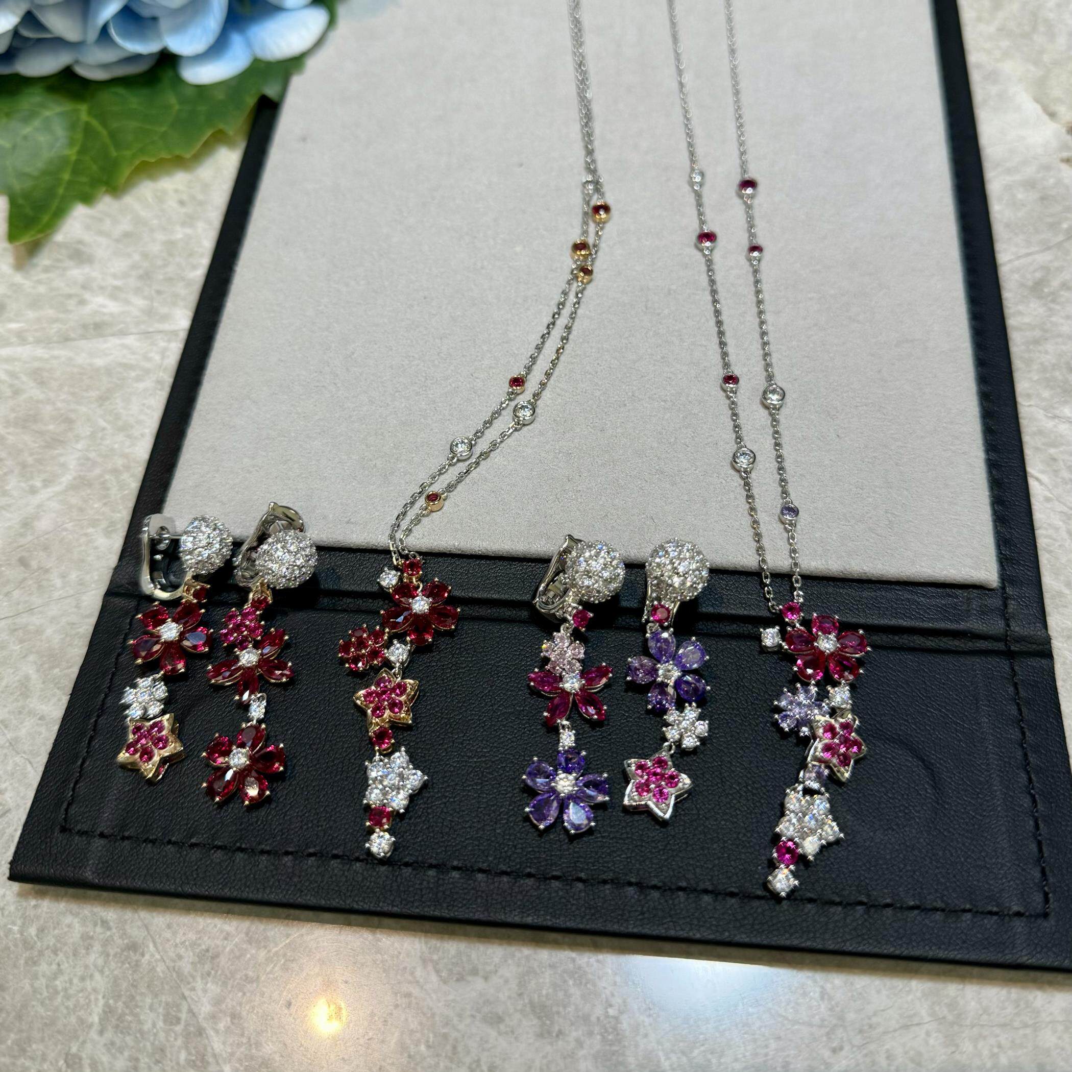 仲夏夜之梦项链仿真红宝石紫钻刚玉花朵吊坠耳环925纯银镀18K金