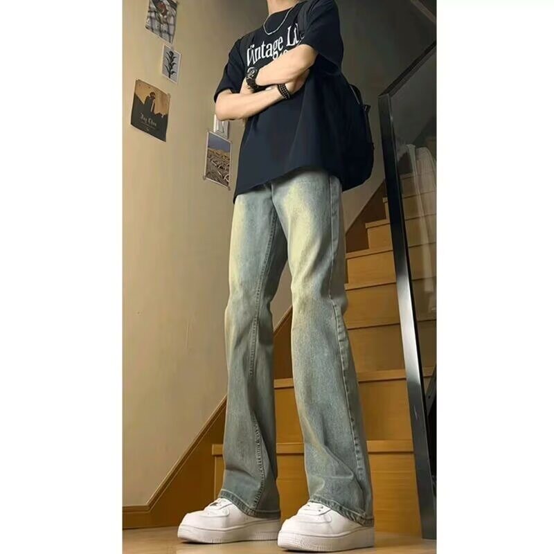 美式复古蓝窄版微喇牛仔裤男款夏季高街vibe直筒裤子修身弯刀长裤