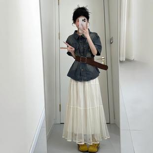 夏装搭配一整套大码胖mm复古气质牛仔上衣百褶半身裙韩系两件套装
