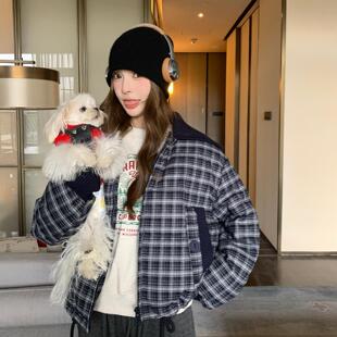 藏青色复古格子短款羽绒服女冬季加厚保暖韩系针织翻领面包服外套