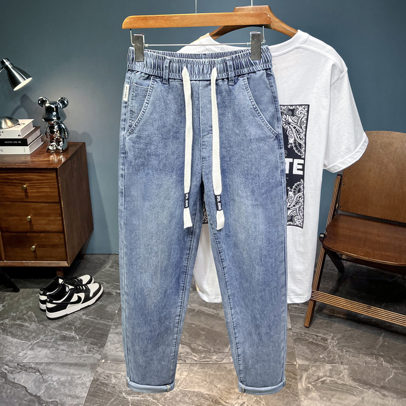 春秋无铁耐磨松紧腰牛仔裤