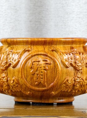 花梨实木雕刻聚宝盆摆件店铺乔迁