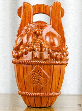 花梨实木雕刻一桶金摆件木质