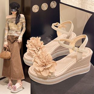 花朵凉鞋 厚底坡跟高跟一字扣带罗马鞋 女夏季 时尚 2025年新款 品牌鞋