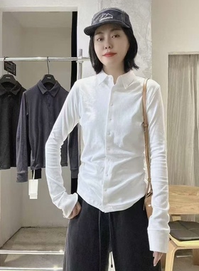 2025秋季新款纯色拼接纽扣polo领长袖衬衫女时尚洋气百搭开衫上衣