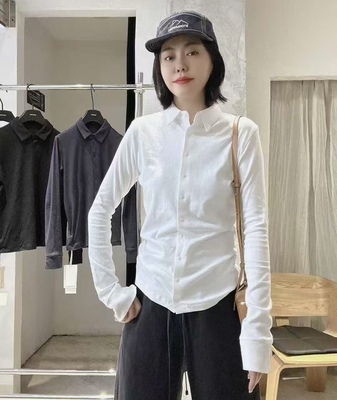 2025秋季新款纯色拼接纽扣polo领长袖衬衫女时尚洋气百搭开衫上衣