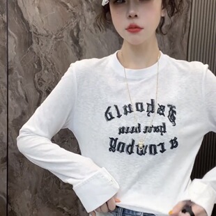 欧洲站2026春季新款字母拼接衬衫袖t恤女时尚洋气百搭套头上衣潮