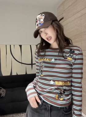 欧洲站2024秋季新款字母卡通条纹t恤女时尚洋气百搭长袖套头上衣