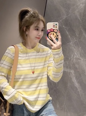 欧洲站2026春季新款黄色条纹拼接后背纽扣t恤女时尚洋气百搭上衣