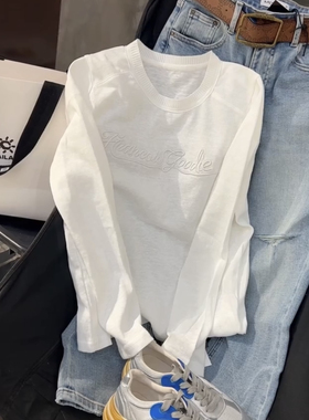 欧洲站2025春季新款字母刺绣白色t恤女时尚洋气百搭长袖套头上衣