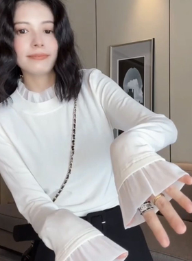 欧洲站2024冬季新款拼接蕾丝长袖T恤女时尚洋气百搭套头打底上衣