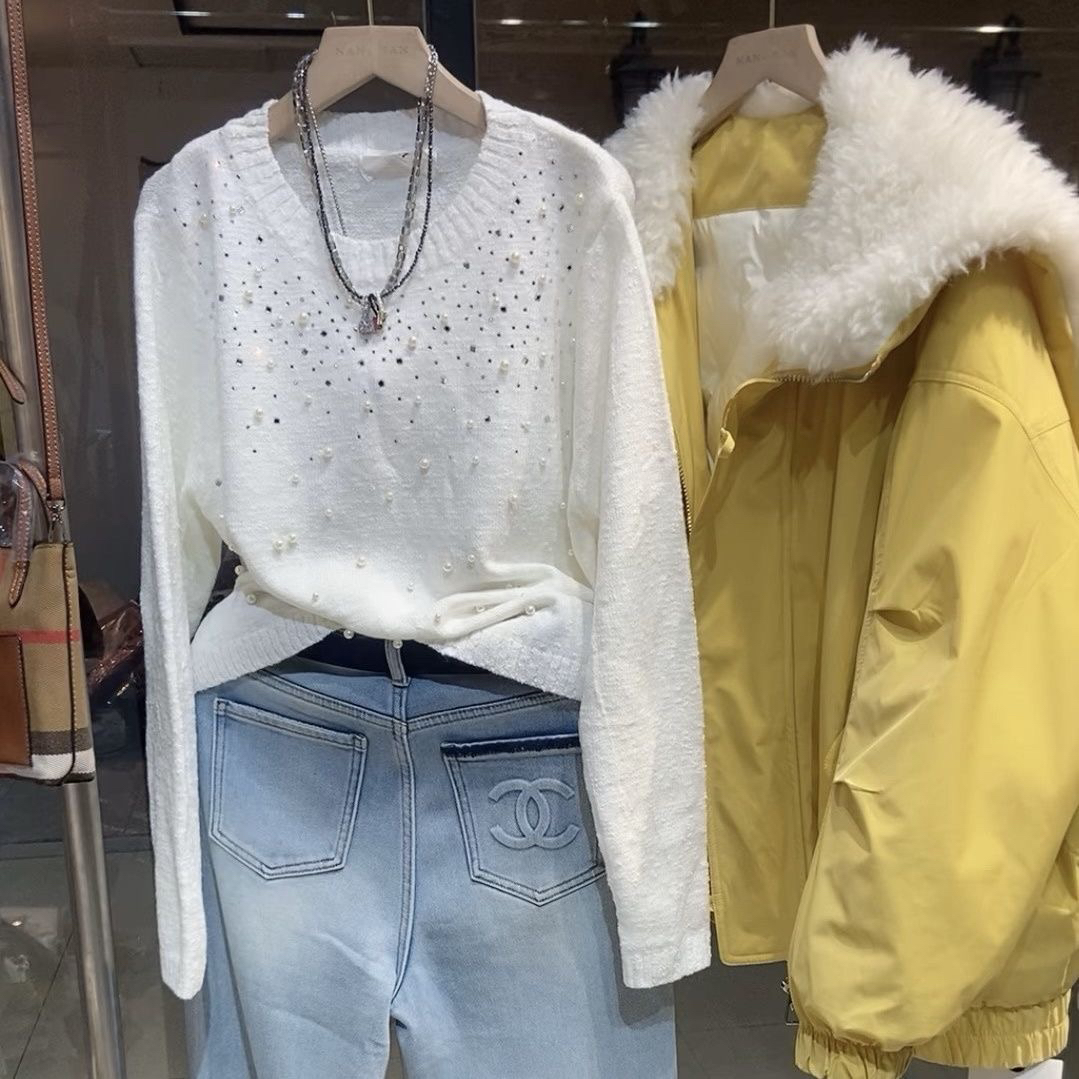 欧洲站2024冬季新款重工镶钻钉珠针织衫女时尚洋气百搭套头上衣潮