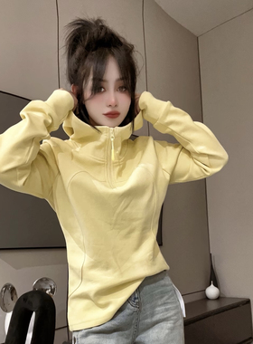 欧货2024冬季新款纯色拼接半拉链连帽卫衣女时尚洋气百搭套头上衣