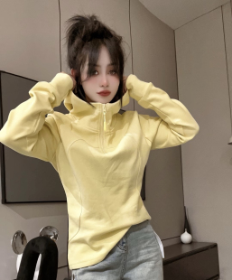 洋气百搭套头上衣 纯色拼接半拉链连帽卫衣女时尚 欧货2024冬季 新款