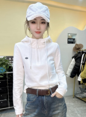 欧洲站2024冬季新款拼接金属牌拉链连帽t恤女时尚洋气百搭上衣潮