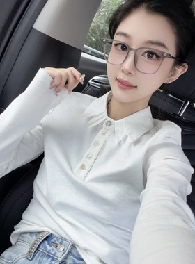 欧洲站2025冬季新款polo领拼接纽扣衬衫女时尚洋气百搭套头上衣潮