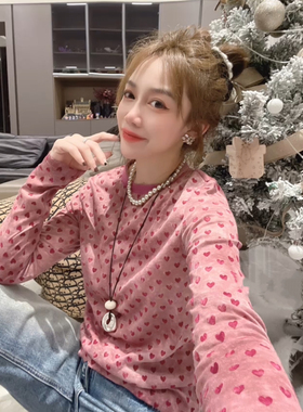 欧洲站2025冬季新款爱心图案打底衫女时尚洋气百搭长袖套头上衣潮