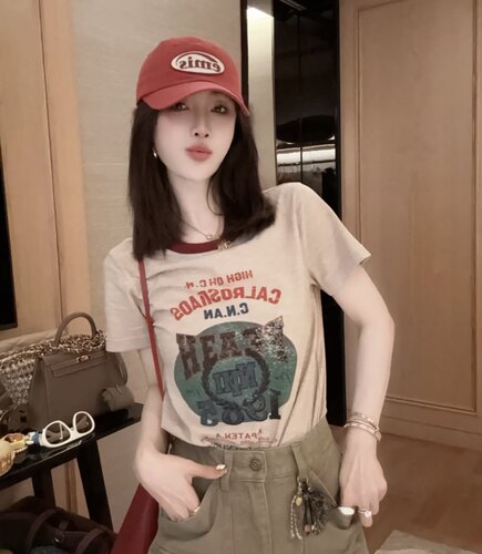 欧洲站2026夏季新款字母图案印花拼色短袖t恤女时尚洋气百搭上衣