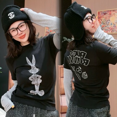 欧货2025冬季新款前后字母卡通印花拼接假两件t恤女时尚百搭上衣