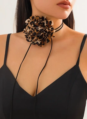 欧美饰品 时尚感豹纹花朵打结项链 皮蜡绳花卉hoker辣妹新款