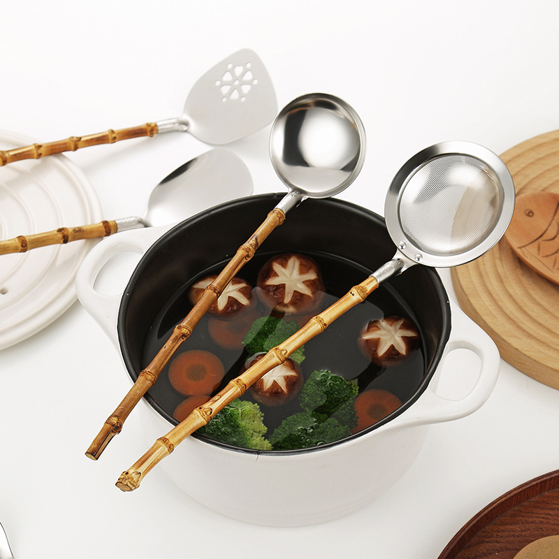 天然竹柄304不锈钢汤勺日式拉面勺网红厨具网漏勺煎铲公用勺