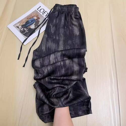 水墨画条纹冰天丝缎面阔腿裤女夏2024新款慵懒直筒拖地垂感休闲裤