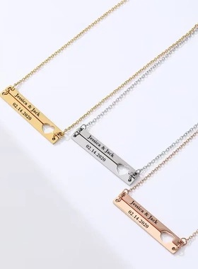 独立站长方形字母名字项链爱心不锈钢饰品配饰家人桃心刻字礼