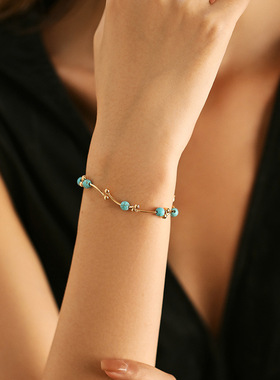 珍珠手链个性打结金色圆珠铜管设计手串转运珠好运手饰镀18K真金