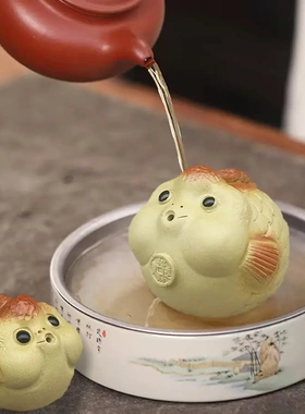 紫砂茶宠泡泡鱼摆件精品可养小金鱼手工雕塑鸿运当头香插