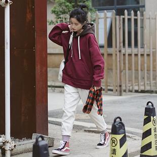 松果家 秋款简约中性宽松撞色长袖连帽卫衣学生帽衫男女款情侣款