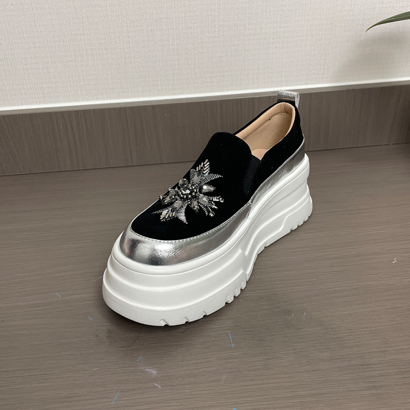 甜美厚底松糕鞋拼色水钻春季单鞋