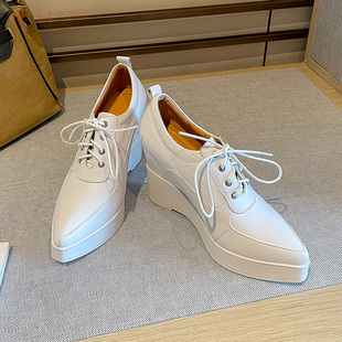 女新款 小皮鞋 春季 气质时尚 尖头休闲单鞋 内增高坡跟系带深口高跟鞋