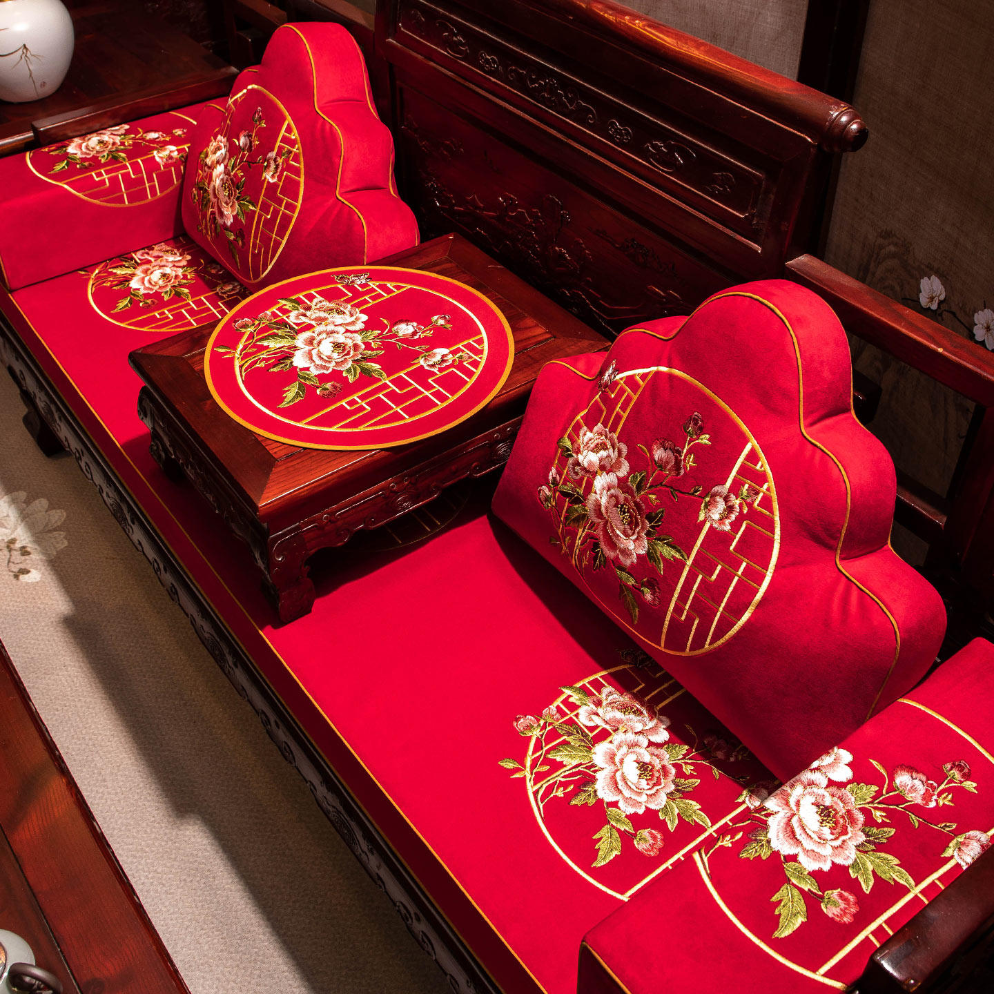 中式沙发垫红木家具坐垫实木椅垫中国风古典刺绣罗汉床五件套定制