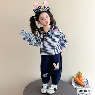 女童春秋款蓝兔套装2026新款洋气时髦儿童女宝宝春季春装早春卫衣