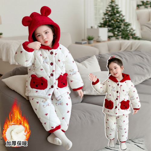 儿童睡衣女童三层加厚夹棉家居服法兰绒秋冬季女宝可爱套装家居服