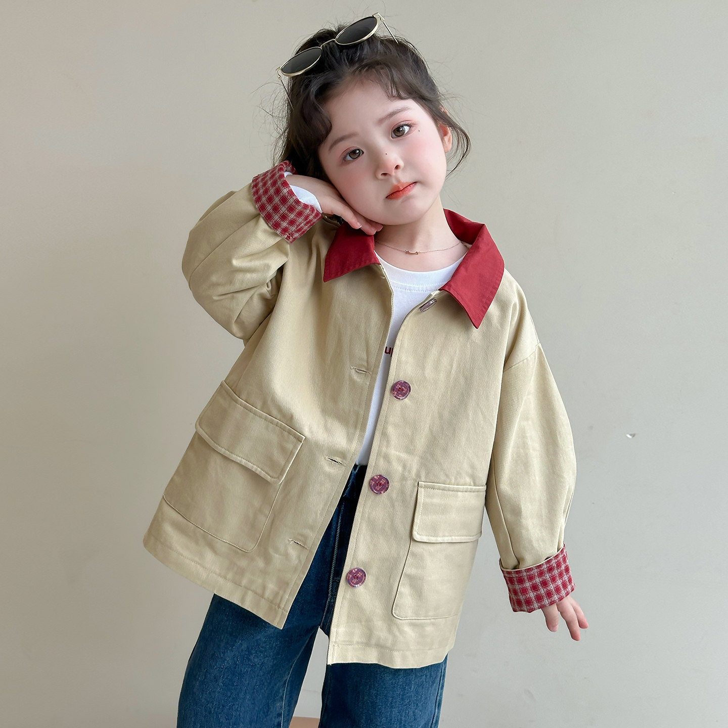 女童外套春秋季2026新款儿童洋气小清新拼接风衣女宝秋装韩版上衣
