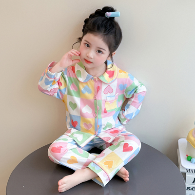 女童春秋睡衣女宝宝爱心格子家居服2026新款儿童纯棉长袖开衫套装