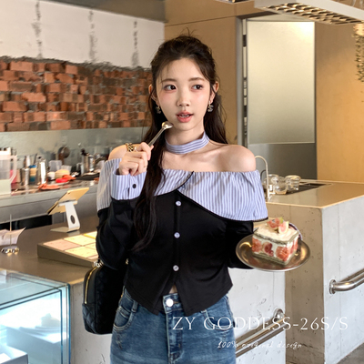 ZY GODDESS-风拼接格纹设计感一字肩显瘦纸片人小衫(配围脖)86323