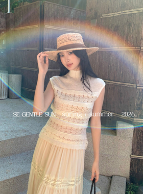 SE GENTLE SUN-SE白标优雅玫瑰清茶法式温柔镂空毛织小衫25571