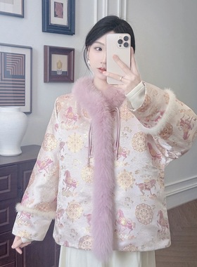 M.W嫚维-国风新中式-中式马上有钱宋锦拼狐狸毛保暖羽绒服外套372