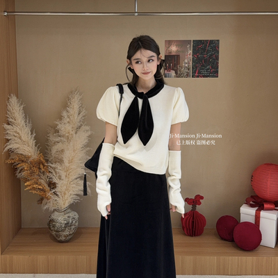 JI.MANSION-系带撞色泡泡袖小女人上衣保暖毛衣(配袖套)8100#