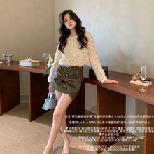 ALALA EMELIA-棕灰调粗花呢亮片不规则裙摆高腰短裙半身裙B17666