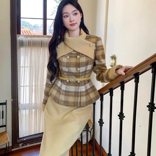 配腰带 零度 直筒半身裙两件套装 高定毛呢小香风外套 2503 新法式